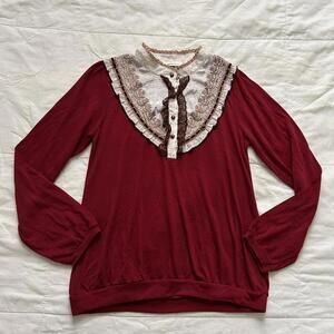 Axes femme Burgundy red and cream lace bib long sleeve blouse Size medium